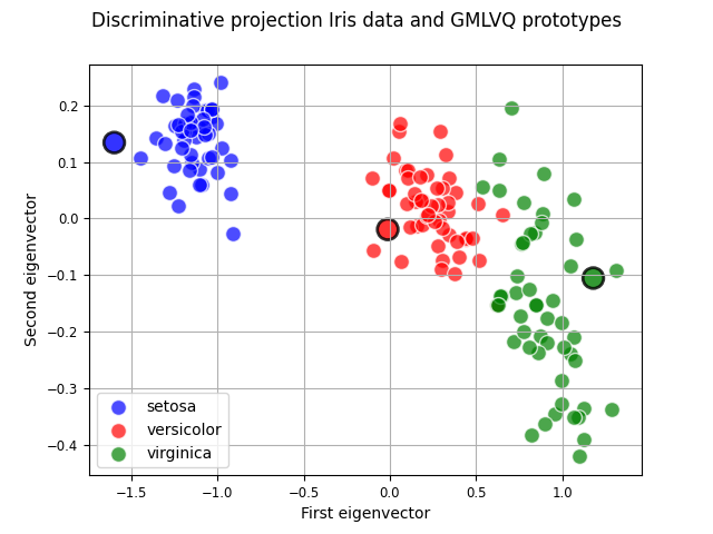 Discriminative projection Iris data and GMLVQ prototypes