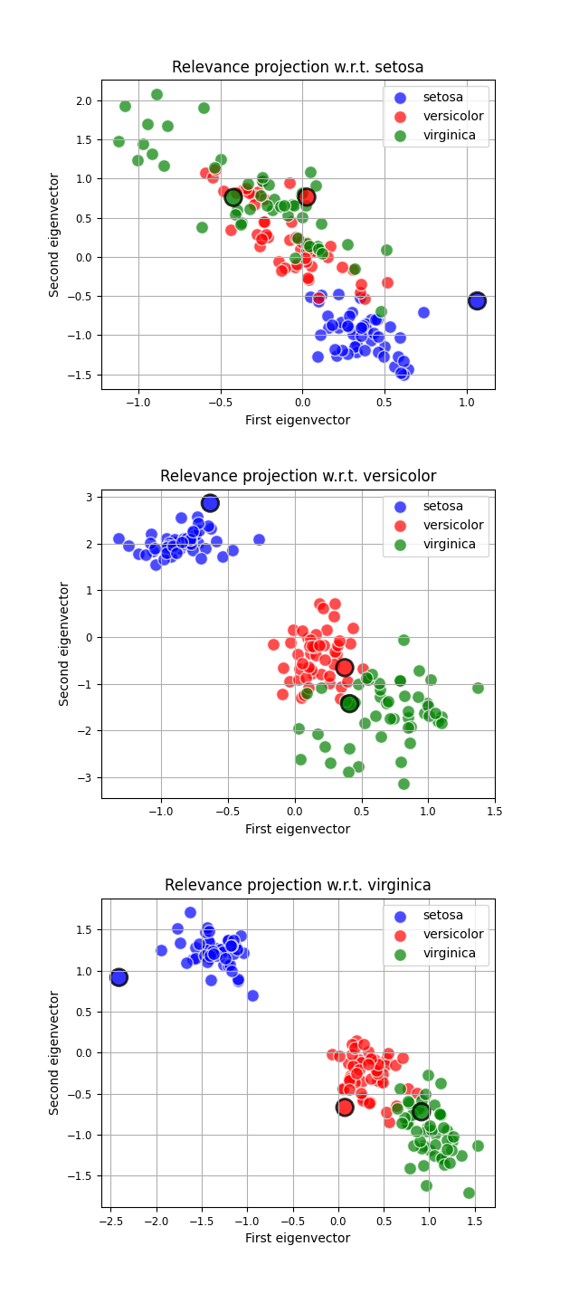 Relevance projection w.r.t. setosa, Relevance projection w.r.t. versicolor, Relevance projection w.r.t. virginica